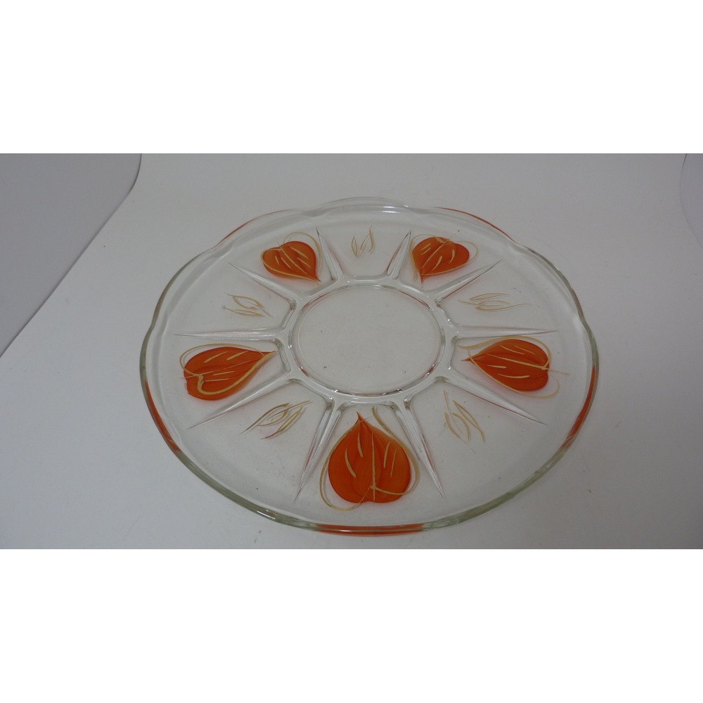 Vintage Hand Painted Orange Leaf Glass Divided Relish Tray Appetizer Platter